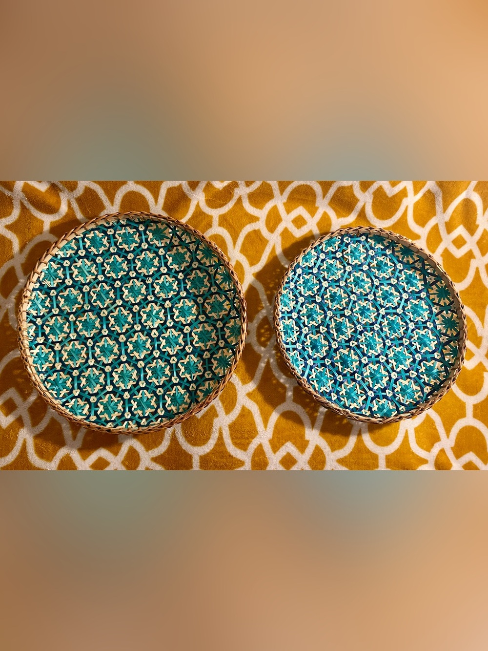 Set of 2 Handwoven Round Wicker Baskets Blue/White Geometric 14 in & 12 in